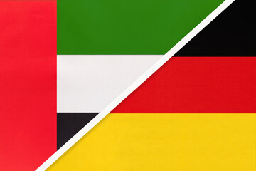 United Arab Emirates or UAE and Germany, symbol of national flags from textile. Championship between two countries.