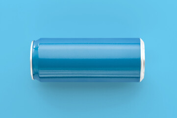 Blank small aluminium soda can mockup. Aluminum blue can mockup on blue background.