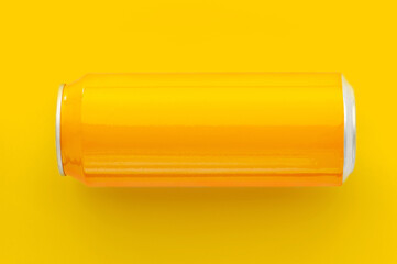 Blank small aluminium soda can mockup. Aluminum yellow can mockup on yellow background.