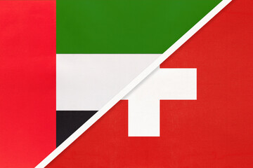 United Arab Emirates or UAE and Switzerland, symbol of national flags from textile. Championship between two countries.