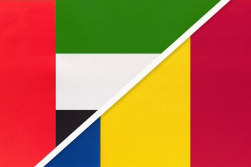 United Arab Emirates or UAE and Romania, symbol of national flags from textile. Championship between two countries.