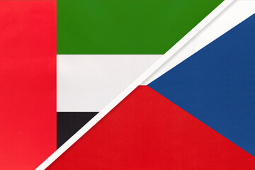United Arab Emirates or UAE and Czech Republic, symbol of national flags from textile. Championship between countries.