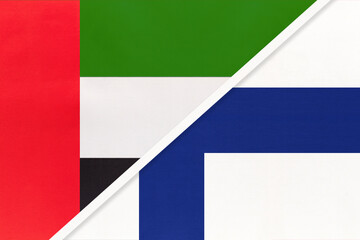 United Arab Emirates or UAE and Finland, symbol of national flags from textile. Championship between two countries.