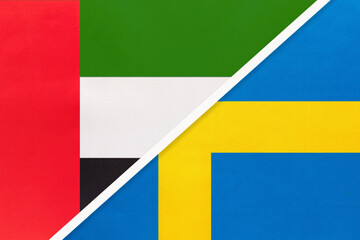 United Arab Emirates or UAE and Sweden, symbol of national flags from textile. Championship between two countries.