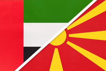 United Arab Emirates or UAE and North Macedonia, symbol of national flags from textile. Championship between countries.