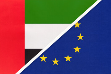 United Arab Emirates or UAE and EU, symbol of national flags from textile. Championship between two countries.