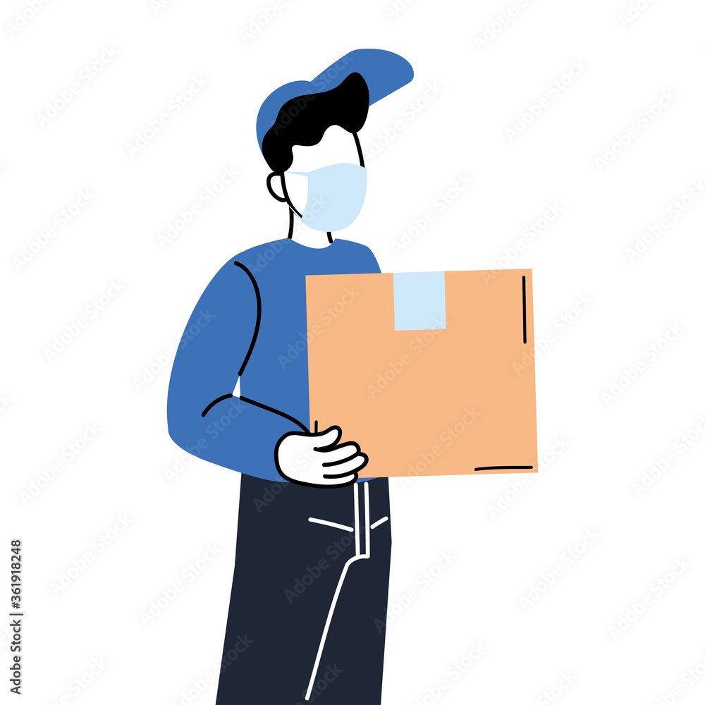 Aufkleber delivery man with mask and box vector design