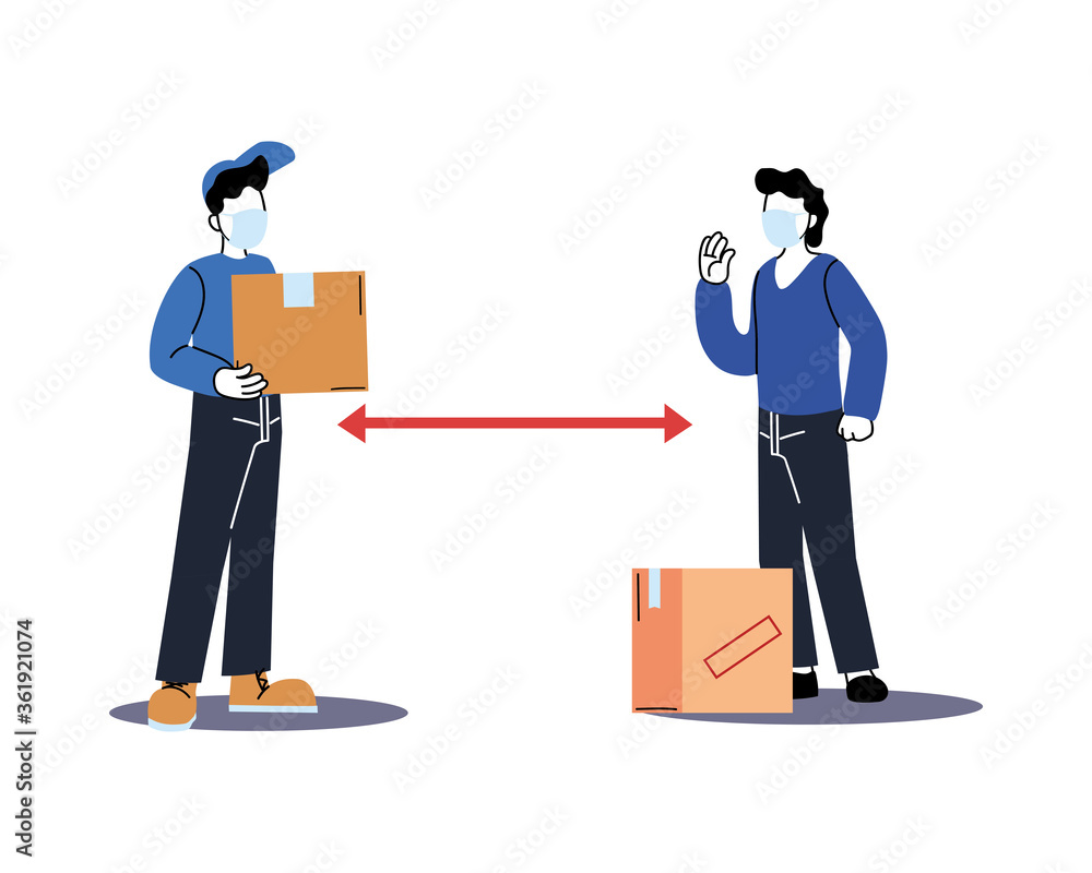 Poster social distancing between delivery man and client with mask and boxes vector design
