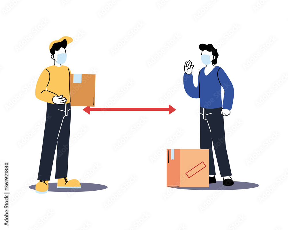 Poster social distancing between delivery man and client with mask and boxes vector design