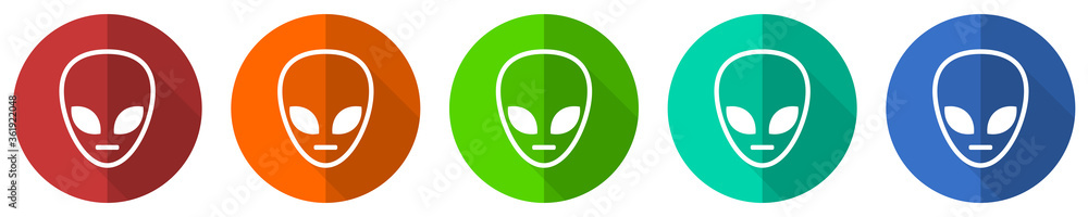 Poster alien face icon set, red, blue, green and orange flat design web buttons isolated on white backgroun