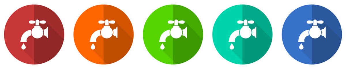 Water faucet, old tap icon set, red, blue, green and orange flat design web buttons isolated on white background, vector illustration