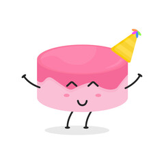 Cute flat cartoon birthday cake illustration. Vector illustration of cute birthday cake with a smiling expression. Cute cake mascot design