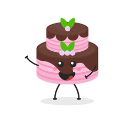 Cute flat cartoon birthday cake illustration. Vector illustration of cute birthday cake with a smiling expression. Cute cake mascot design