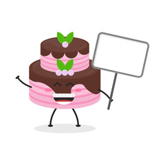 Cute flat cartoon birthday cake holding a sign illustration. Vector illustration of cute birthday cake with a smiling expression. Cute cake with a sign mascot design