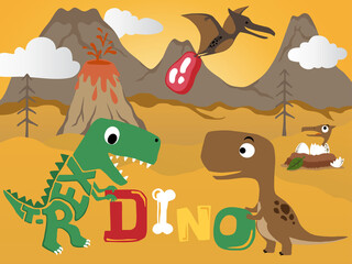 vector set of dinosaurs cartoon  on volcanoes background © Bhonard21