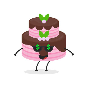 Cute flat cartoon birthday cake illustration. Vector illustration of cute birthday cake with a smiling expression. Cute cake mascot design