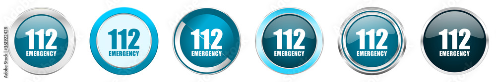 Aufkleber number emergency 112 silver metallic chrome border icons in 6 options, set of web blue round buttons