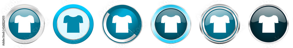 Poster Shirt silver metallic chrome border icons in 6 options, set of web blue round buttons isolated on white background