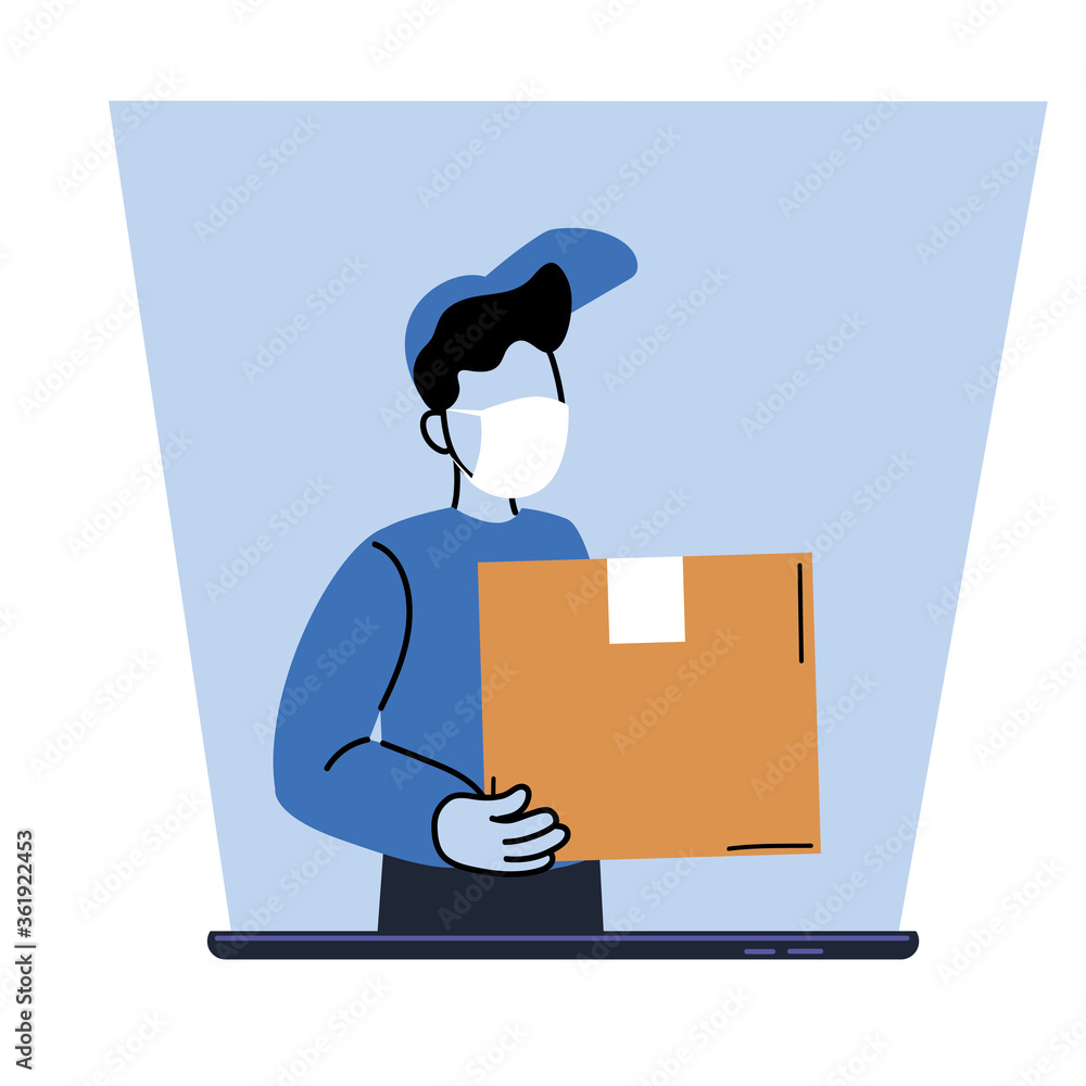Poster delivery man with mask and box on smartphone vector design