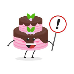 Cute flat cartoon birthday cake holding a sign illustration. Vector illustration of cute birthday cake with a smiling expression. Cute cake with a sign mascot design