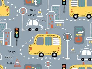 seamless pattern of vehicles in city road with buildings