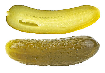 Pickled cucumbers isolated on a white background, whole and half.