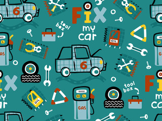 Fototapeta na wymiar seamless pattern of car with mechanic equipment tools, lube and gasoline pump.