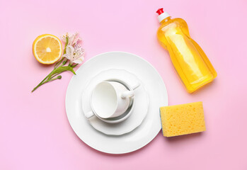 Composition with clean dishes on color background