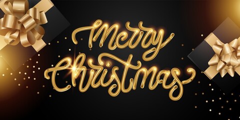 Background Christmas design of sparkling lights, with realistic gift box. Horizontal Christmas poster with calligraphic gold lettering, greeting cards, headlines, website