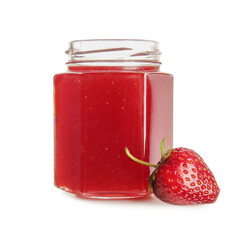 Jar of tasty strawberry jam on white background