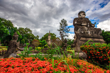 Sala Keoku-Nongkhai:June19,2020,the atmosphere inside the religious tourist site,there is a garden and a corridor around a large sculpture,tourists come to see the beauty of the holiday,Thailand