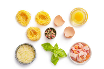 Ingredients for tasty pasta carbonara on white background