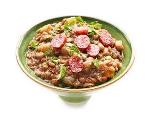 Bowl of tasty lentils soup on white background