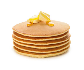 Tasty pancakes with honey and butter on white background