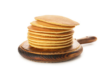 Board with tasty pancakes on white background