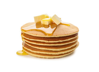 Tasty pancakes with honey and butter on white background