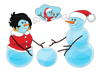 Snowman couple is making a baby. Cartoon style vector illustration.