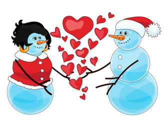 two snowmen with red hearts. Cartoon style vector illustration.