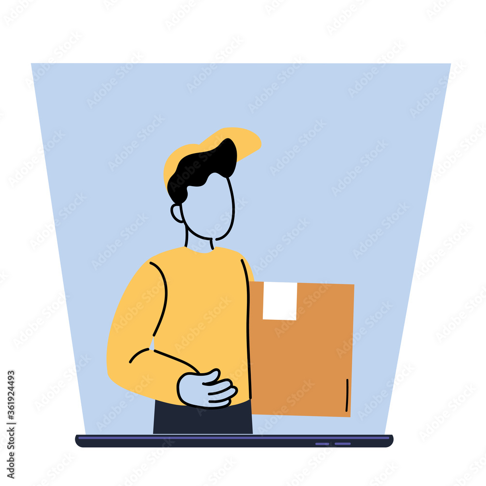 Poster delivery man with box on smartphone vector design