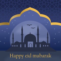 Eid al fitr background with hand drawn mosque of muslim people and islamic ramadan ornament