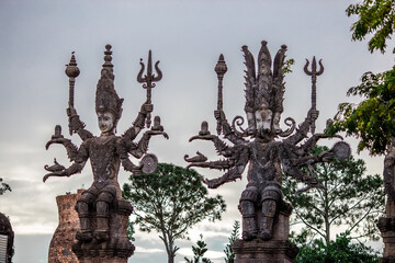 Sala Keoku-Nongkhai:June19,2020,the atmosphere inside the religious tourist site,there is a garden and a corridor around a large sculpture,tourists come to see the beauty of the holiday,Thailand