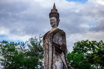 Sala Keoku-Nongkhai:June19,2020,the atmosphere inside the religious tourist site,there is a garden and a corridor around a large sculpture,tourists come to see the beauty of the holiday,Thailand