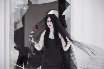 Gothic bride in black dress, veil with rose. Dark bride, ideas for Halloween party for womens