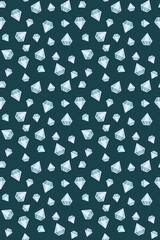 A seamless pattern with faceted crystals on monochromatic background in flat style. Blue diamonds on a dark blue background. Stock illustration for web and print, wallpapers and backgrounds.