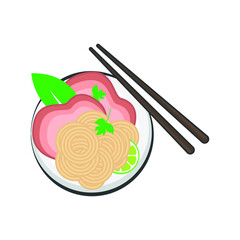 Illustration of a Bowl of Pho Noodles with a Pair of Chopsticks Hanging Above It