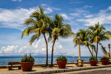 The promenade along Rizal Boulevard with palm trees and sea view, City of Dumaguete, Negros Oriental, Philippines