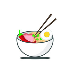 Illustration of a Bowl of Pho Noodles with a Pair of Chopsticks Hanging Above It