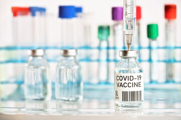 Covid 19 vaccine (own design, dummy barcode, not real product) - small glass vial with silver cap,...