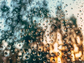 Selective focus. Raindrops on the glass window after a summer rain on a background with a green...