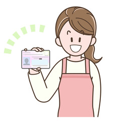 マイナンバーカードを持つ主婦のイラスト